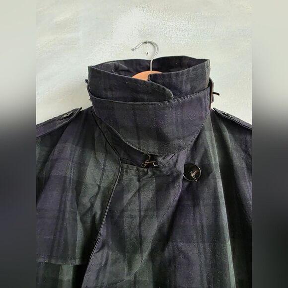 Zara Waxed Blue Green High Neck Belted Plaid Trench Coat British Millerain Sz M - Picture 3 of 16